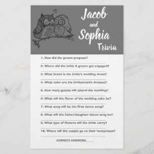 OWLS LOVE, BRIDE & GROOM TRIVIA SHOWER GAME CARD