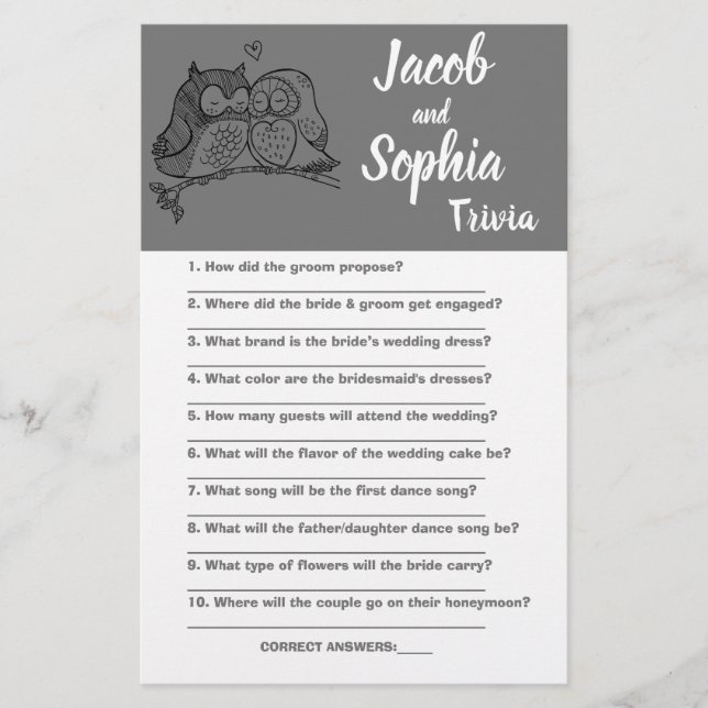 OWLS LOVE, BRIDE & GROOM TRIVIA SHOWER GAME CARD (Front)