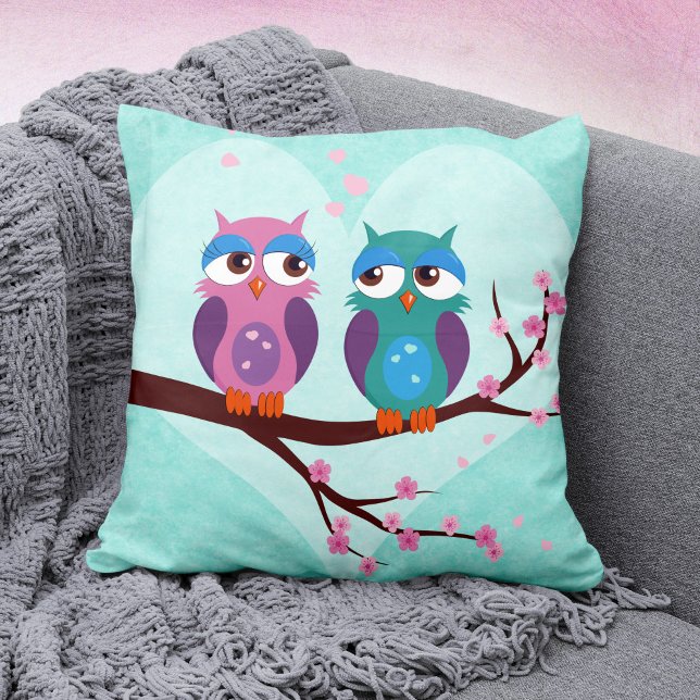 Owls Love in Spring Cute Cartoon Birds on Blue Cushion (Creator Uploaded)
