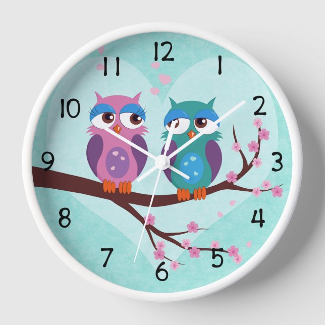 Owls love in spring Cute cartoon light blue Kids Clock (Front)