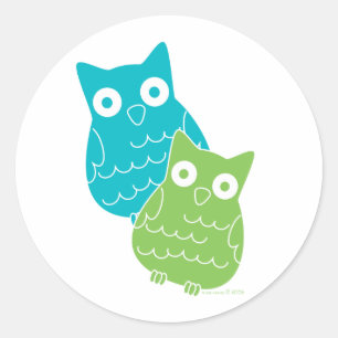 Owls of Blue and Green Classic Round Sticker