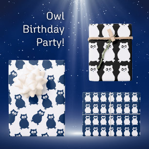 Owls on blue and Black Birthday  Wrapping Paper Sheet