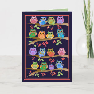 Owls on branches cute text Birthday card