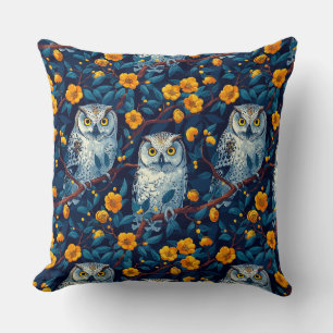 Owls on floral background, flowers, leaves, dark,  cushion