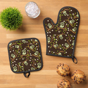 Owls pattern oven mitt & pot holder set