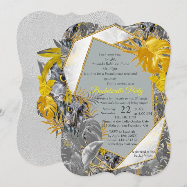 Owls - Plant leaves in Grey /Yellow 2021 colours Invitation (Front/Back)