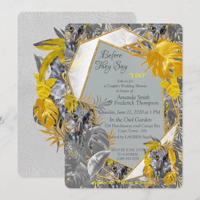 Owls - Plant leaves in Grey /Yellow 2021 colours Invitation (Front/Back)