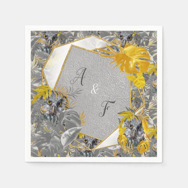 Owls - Plant leaves in Grey /Yellow 2021 colours Napkin (Front)