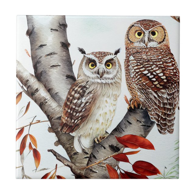  Owls sitting in a White Birch Tree in Autumn Tile (Front)