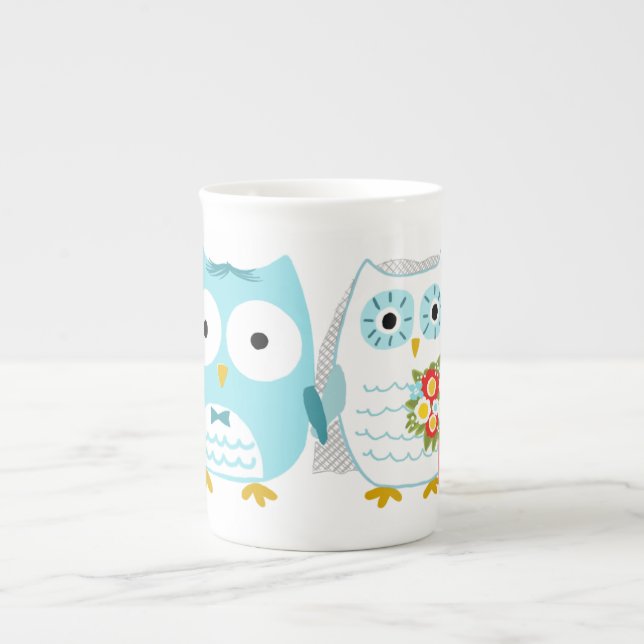 Owls Wedding Bride and Groom Cute Newlywed Couple Bone China Mug (Front)