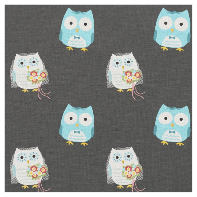 Owls Wedding Bride and Groom Cute Patterned Fabric (Close Up)