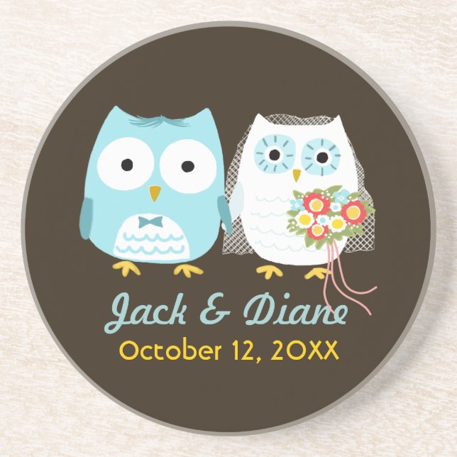 Owls Wedding - Bride and Groom with Custom Text Coaster (Front)