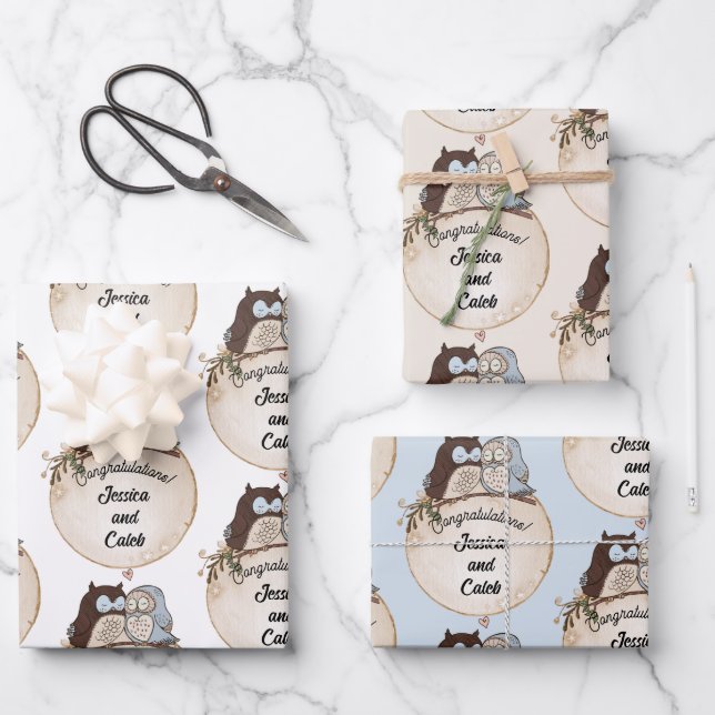 Owls Wedding Congratulations Add Names Cute 3 Wrapping Paper Sheet (Front)