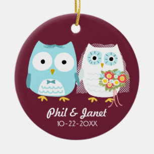 Owls Wedding Couple - Adorable Bride and Groom Ceramic Tree Decoration