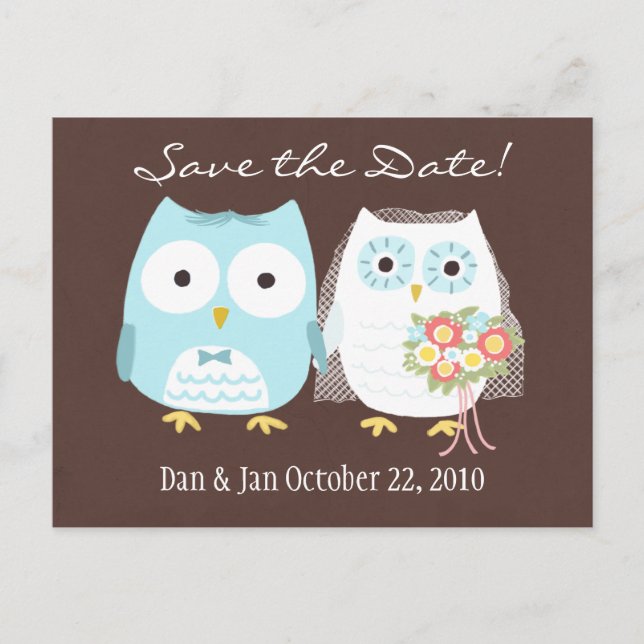 Owls Wedding Save the Date Cute Bride and Groom Announcement Postcard (Front)