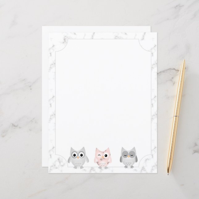 Owls White Marble Look Bordered Writing Paper (Front/Back In Situ)