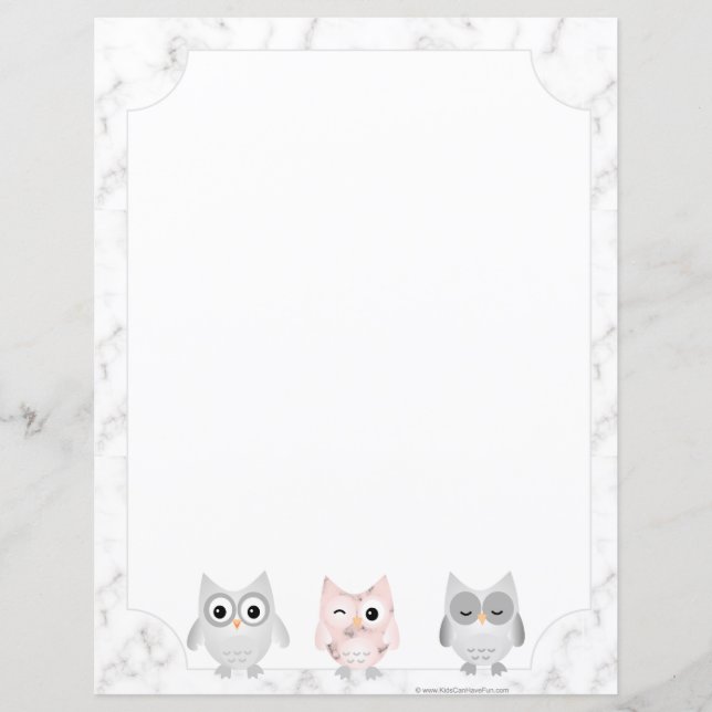 Owls White Marble Look Bordered Writing Paper (Front)