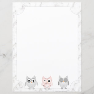 Owls White Marble Look Bordered Writing Paper