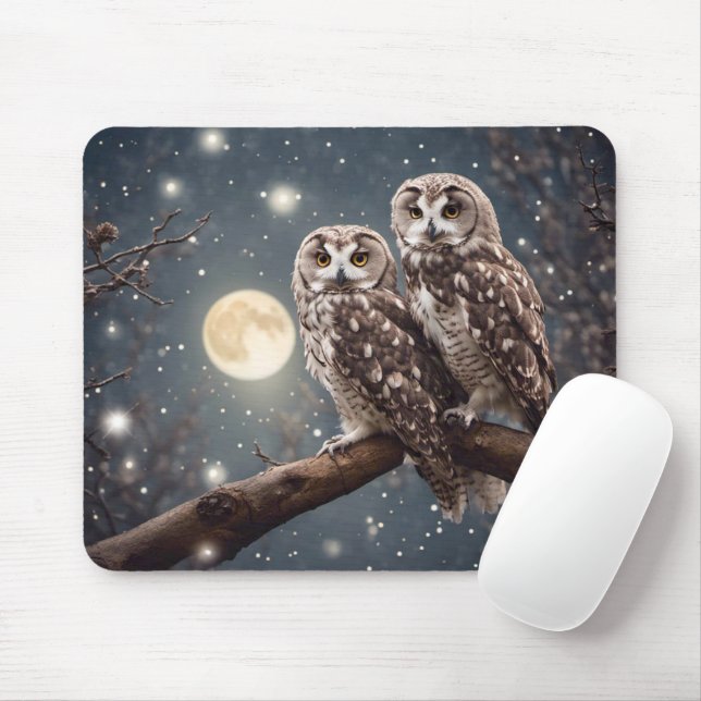 Owls With Full Moon Mouse Mat (With Mouse)