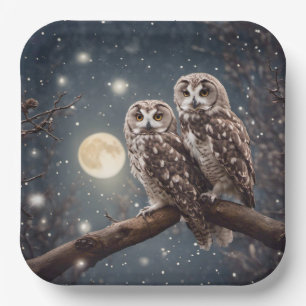Owls With Full Moon Paper Plate