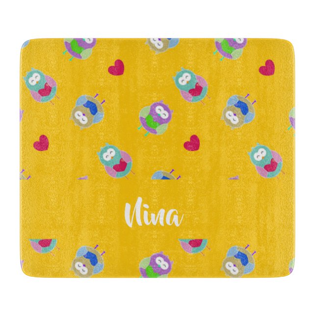 Owls with hearts on orange cutting board (Front)