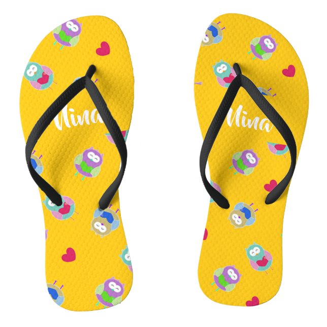 Owls with hearts on orange flip flops (Footbed)