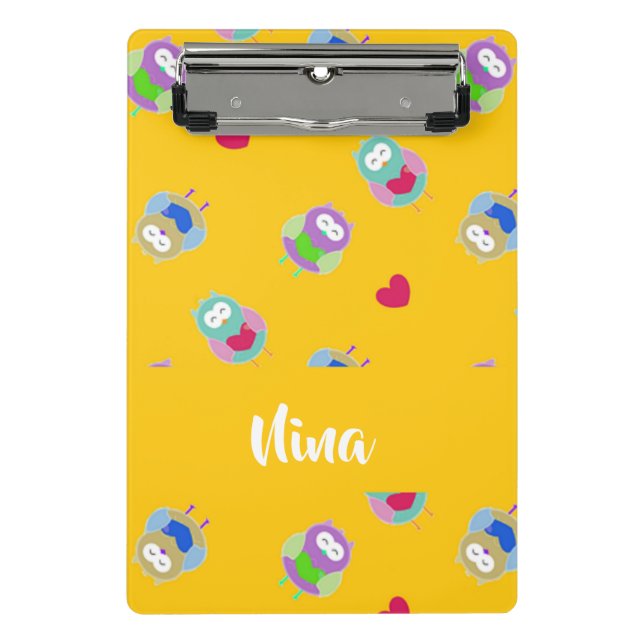 Owls with hearts on orange mini clipboard (Front)