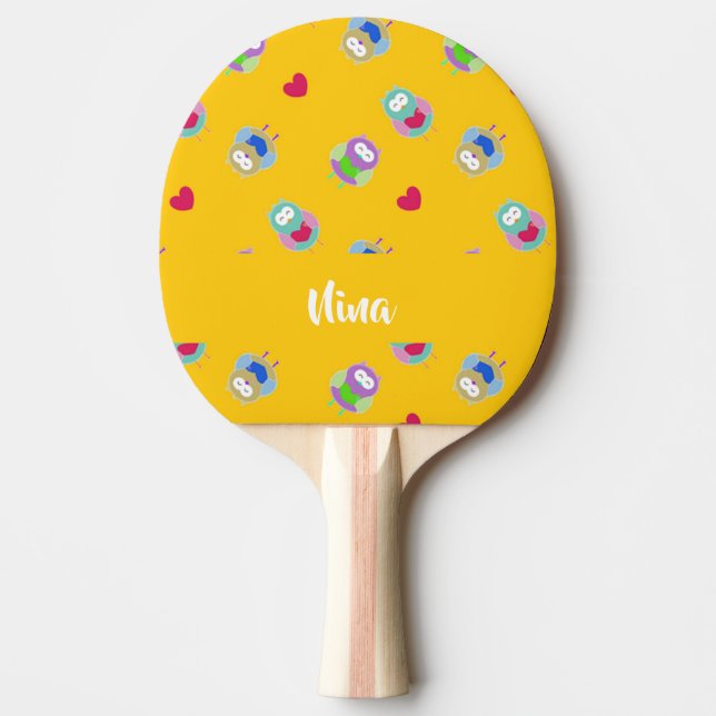 Owls with hearts on orange ping pong paddle (Front)