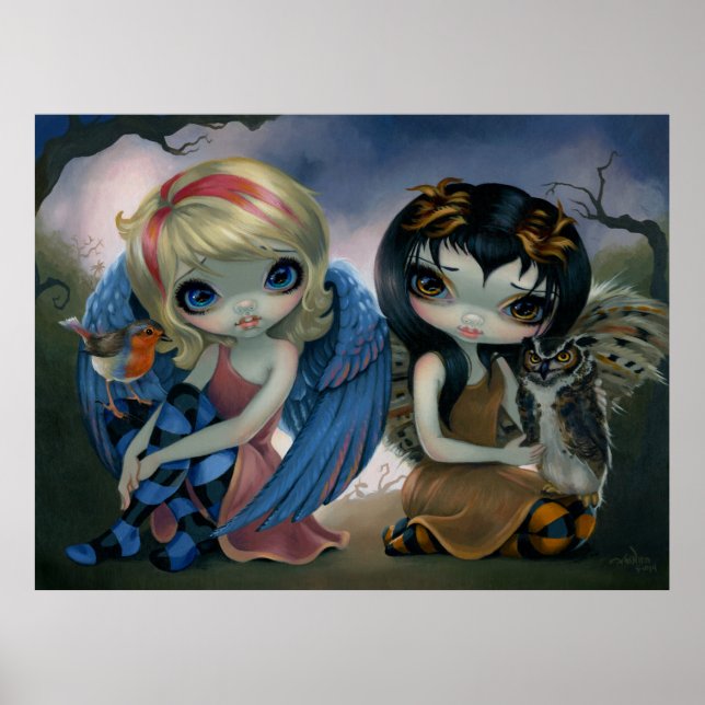 Owlyn and Robyn - Owl Fairy Art Print big eyes art (Front)