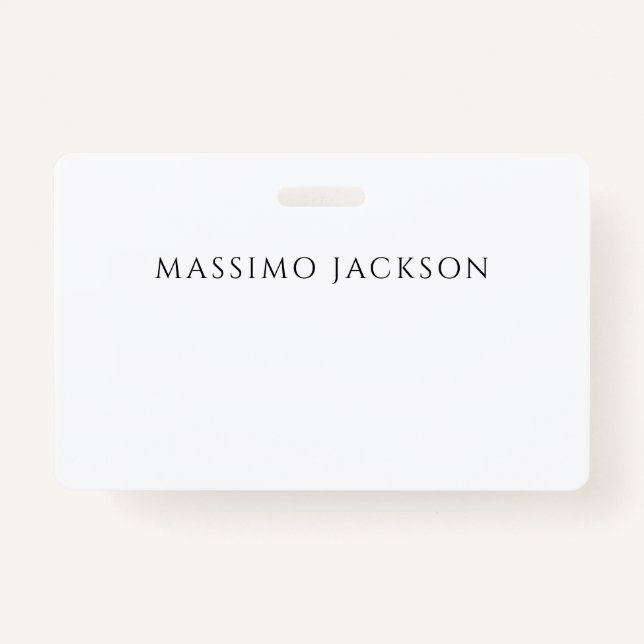 Own Name Calligraphy Chic Plain Simple Black White ID Badge (Front)