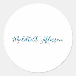 Own Name Creative Trendy White Ocean Blue Classic Round Sticker