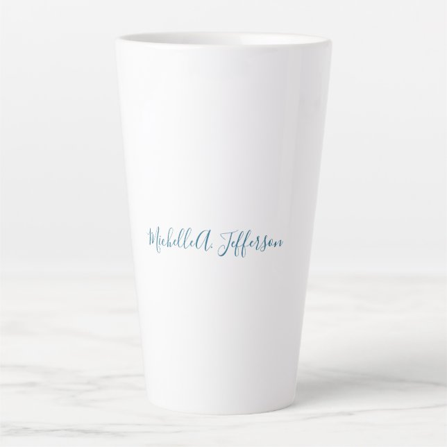 Own Name Creative Trendy White Ocean Blue Latte Mug (Front)