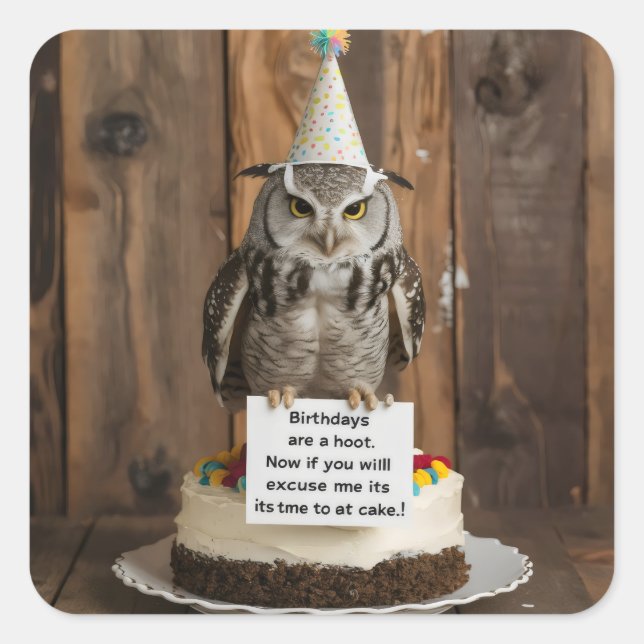 Own on birthday cake holding note with feet square sticker (Front)