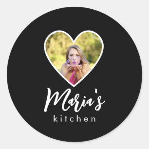 Own Photo in Black Heart Frame Modern Calligraphy Classic Round Sticker