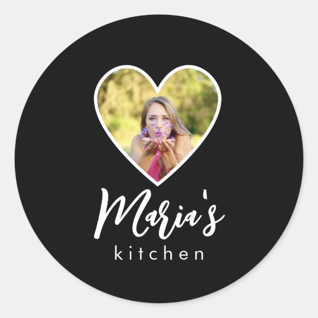 Own Photo in Black Heart Frame Modern Calligraphy Classic Round Sticker (Front)