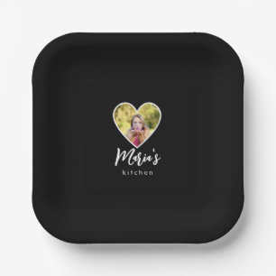 Own Photo in Black Heart Frame Modern Calligraphy Paper Plate