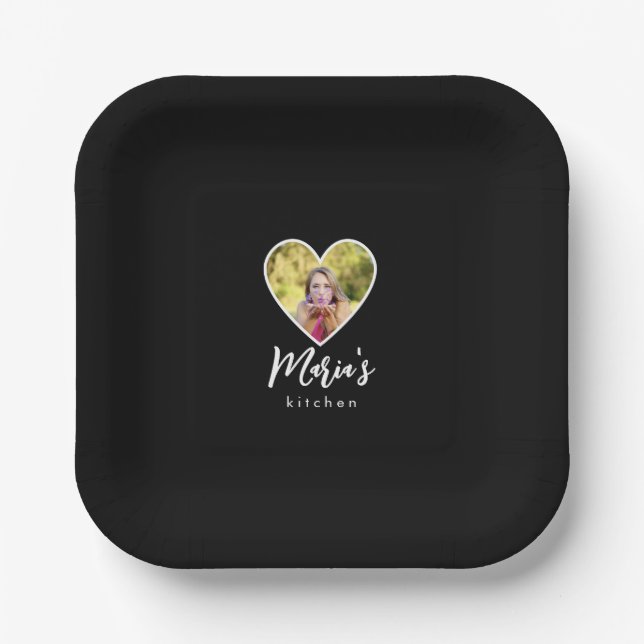 Own Photo in Black Heart Frame Modern Calligraphy Paper Plate (Front)