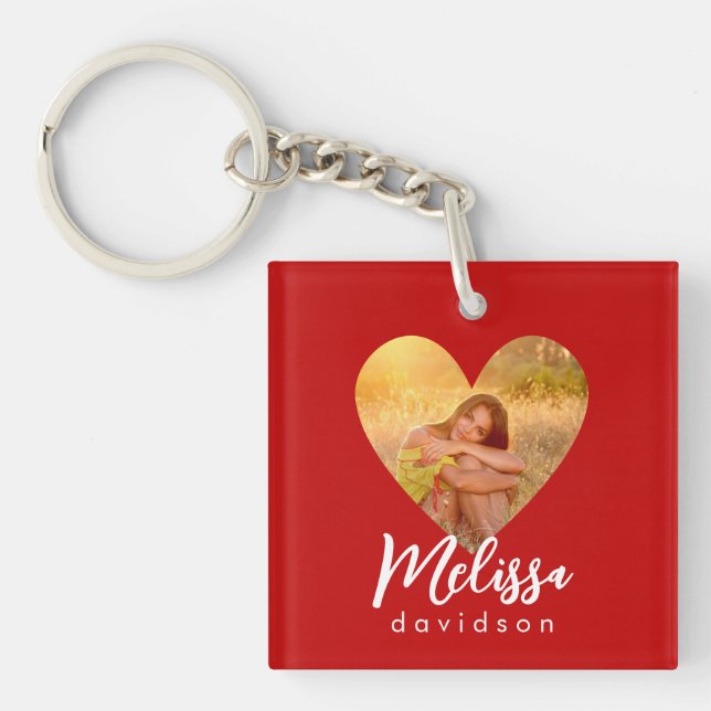 Own Photo Red Heart Frame Modern Calligraphy Key Ring (Front)
