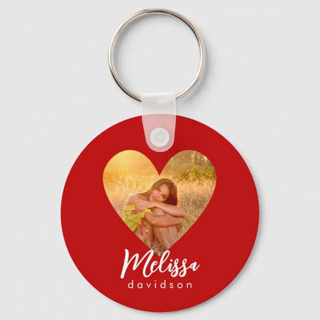 Own Photo Red Heart Frame Modern Calligraphy Key Ring (Front)