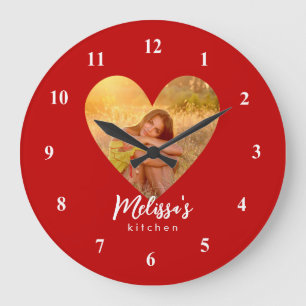 Own Photo Red Heart Frame Modern Calligraphy Large Clock