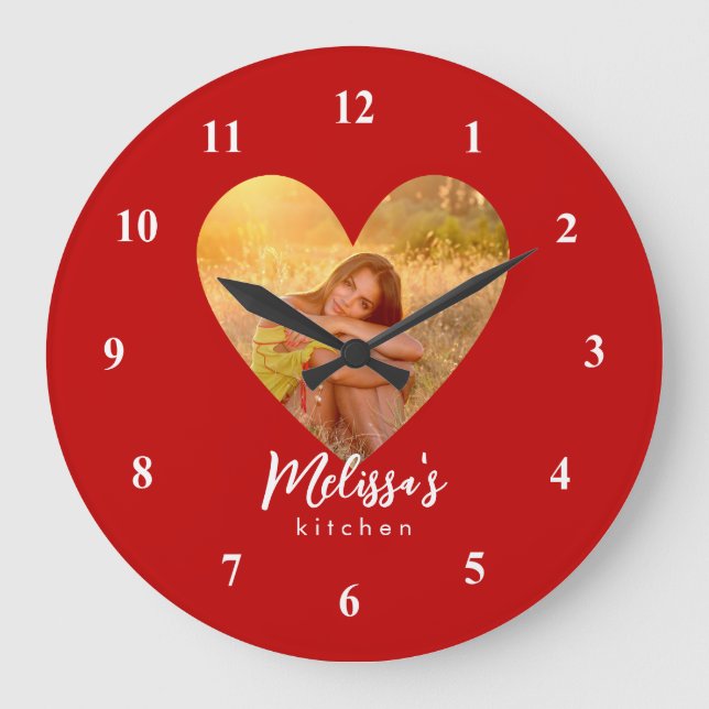 Own Photo Red Heart Frame Modern Calligraphy Large Clock (Front)