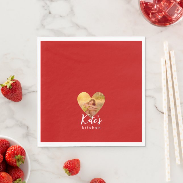 Own Photo Red Heart Frame Modern Calligraphy Napkin (Insitu)
