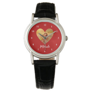Own Photo Red Heart Frame Modern Calligraphy Watch