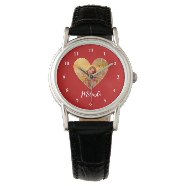 Own Photo Red Heart Frame Modern Calligraphy Watch (Front)