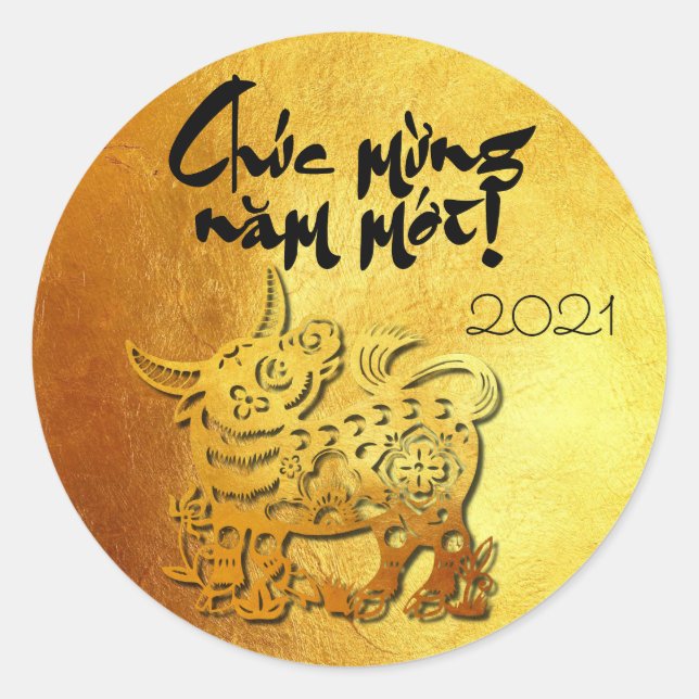 Ox Year custom Y Greeting in Vietnamese Gold RS Classic Round Sticker (Front)