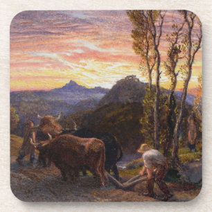 Oxen Ploughing at Sunset (w/c on paper) Coaster