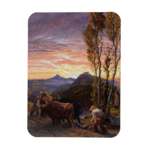 Oxen Ploughing at Sunset (w/c on paper) Magnet