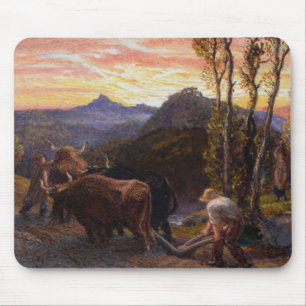 Oxen Ploughing at Sunset (w/c on paper) Mouse Mat