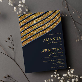 Oxford blue gold glitter geometric typo wedding invitation