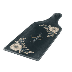 Oxford Blue Gold Monogram Elegant Flowers Cutting Board